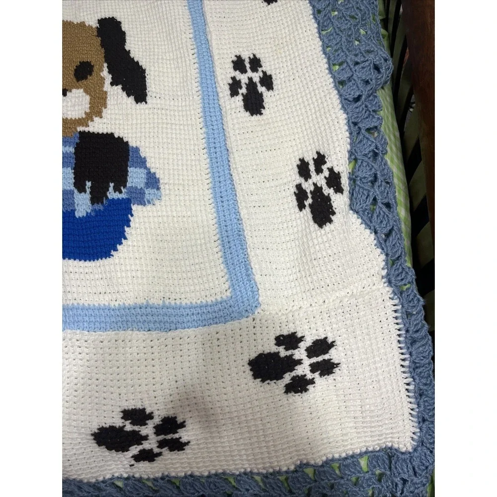 Crochet Afghan Baby Puppy Dog Handmade Blanket‎ Paws Blue White Brown  50x60